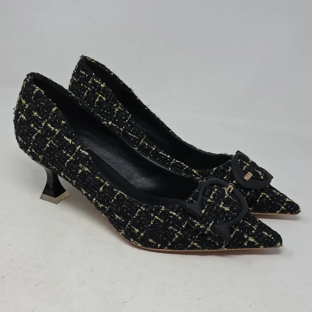 C. Paravano Pointy Toe Kitten Heel Elegant Black and Gold Tweed Heelssize 38